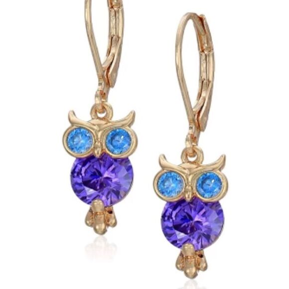 💜 Betsey Johnson pretty crystal  dangle owl earrings 💜 - Picture 1 of 2